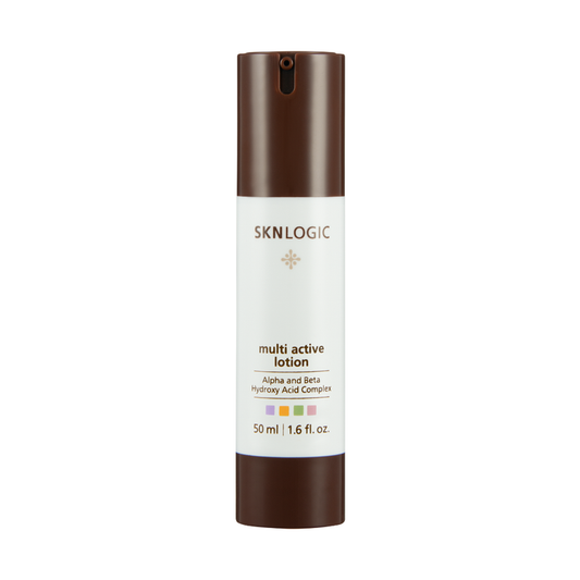 SKN088 SKNLOGIC Multi Active Lotion 50ml Alpha and Beta Hydroxy Acid Complex | A 50 ml bottle of SKNLOGIC Multi Active Lotion, featuring a white label with brown caps on a solid white background.