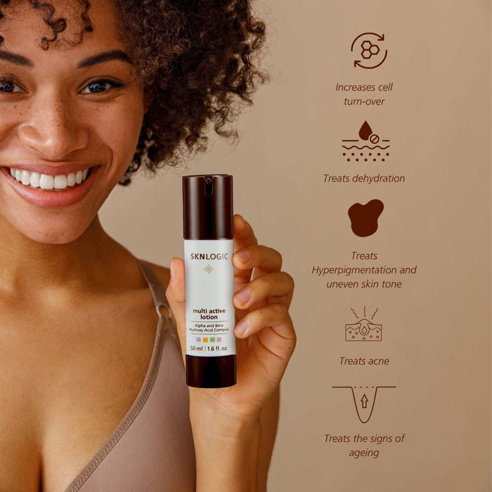 SKN088 SKNLOGIC Multi Active Lotion 50ml Alpha and Beta Hydroxy Acid Complex |A smiling woman holds up a bottle of SKINLOGIC Multi-Active Lotion against a warm beige background with feature icons and text listing skin benefits.