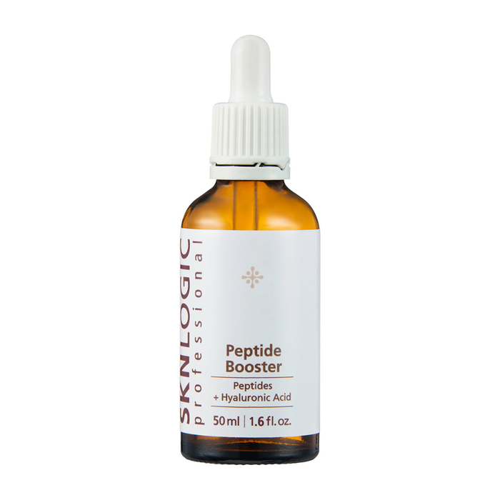 SKN141 SKNLOGIC Peptide Booster Serum 50ml | A 50 ml amber glass dropper bottle of SKNLOGIC Professional Peptide Booster with a white label and white dropper cap, set against a plain white background.