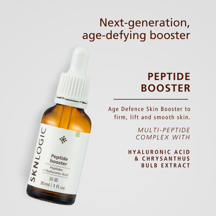 SKN140 SKNLOGIC Peptide Booster Serum 30ml | A 30 ml amber glass dropper bottle of SKNLOGIC Peptide Booster against a light gray background with promotional text.