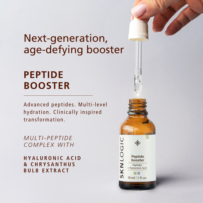 SKN140 SKNLOGIC Peptide Booster Serum 30ml | A hand holds a glass dropper above an amber bottle of SKNLOGIC Peptide Booster, with product text displayed on a light gray background.