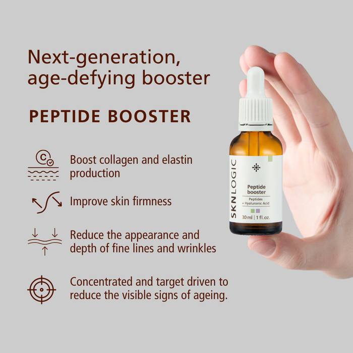 SKN140 SKNLOGIC Peptide Booster Serum 30ml | A hand holds a small amber dropper bottle labeled SKINLOGIC Peptide Booster against a light gray background, with marketing text on the left describing benefits such as boosting collagen and elastin production and improving skin firmness.