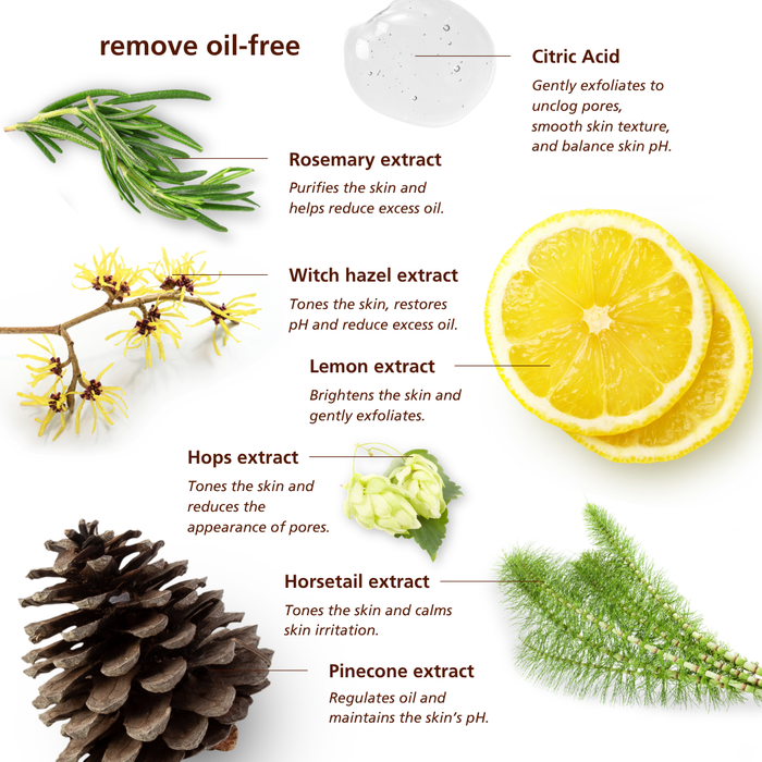 SKN128 SKNLOGIC Makeup Remover Oil Free 200ml | Ingredient infographic for an oil-free cleansing product, featuring botanical and food illustrations with text labels: rosemary, witch hazel, lemon, hops, horsetail, pinecone, and citric acid on a white background.