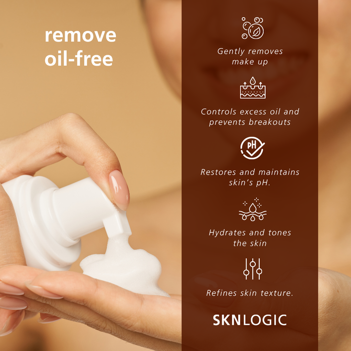 SKN128 SKNLOGIC Makeup Remover Oil Free 200ml | A close-up of a hand pressing the pump of a white skincare bottle to dispense product onto another hand, with text on a warm beige background and a brown vertical panel listing benefits. The brand SKNLOGIC is visible at the bottom.