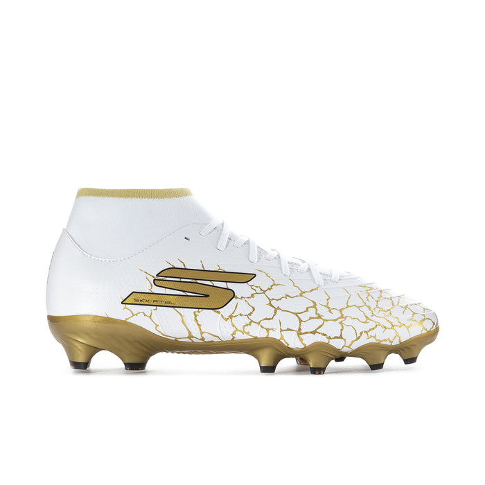Men's high-top soccer cleat in white with gold cracked pattern and gold studs