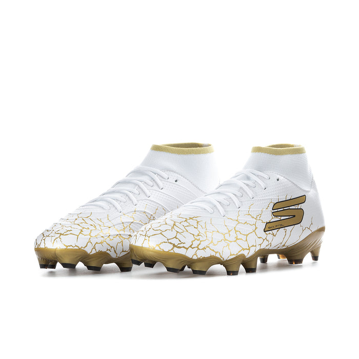 Men's high-top soccer cleat, white upper with gold logo, cracked texture, and studs