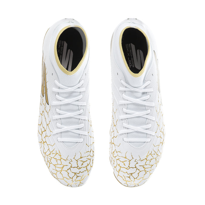 Pair of men's white high-top cleats with gold cracked pattern, laces, and padded collar