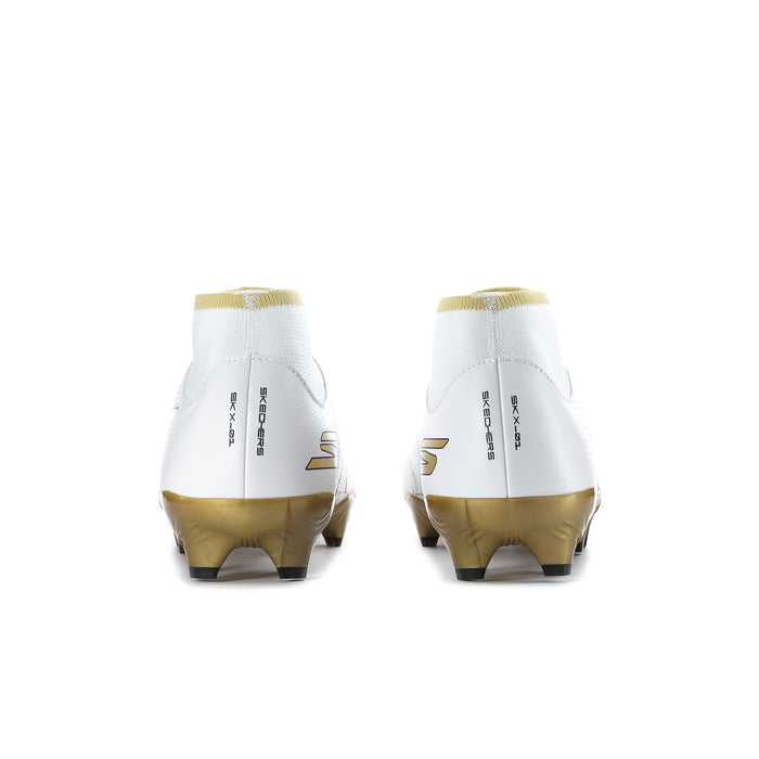 Men's white high-top soccer cleats with gold heel accents and rear stud sole