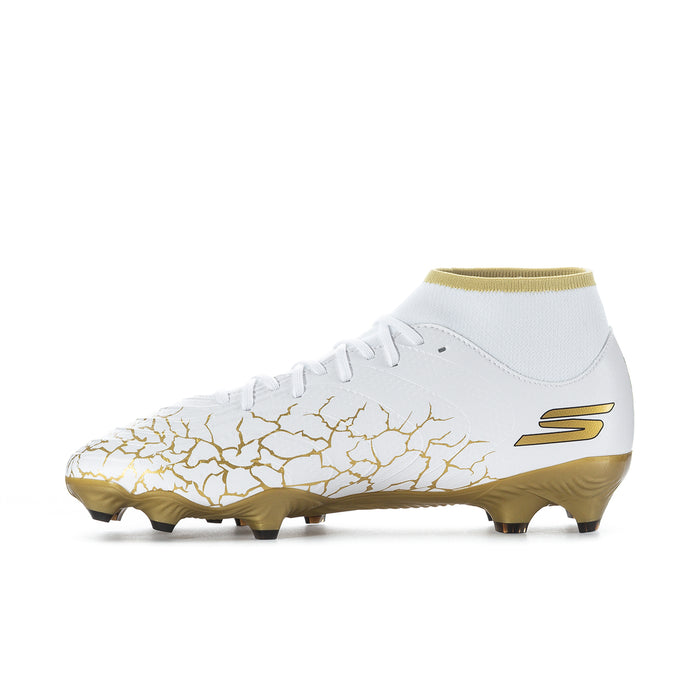 Men's high-top soccer cleat, white upper with gold cracked design and side logo