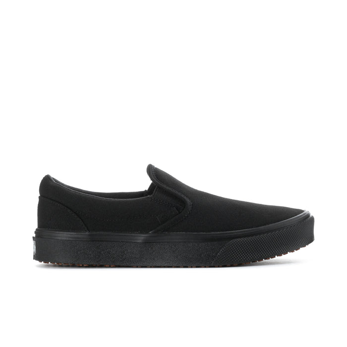 Men's black slip-on sneakers with low profile and textured rubber sole