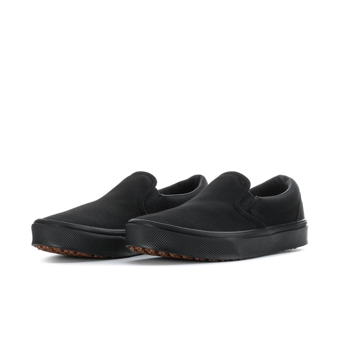 Men's black slip-on sneakers with padded collar and dark rubber outsole