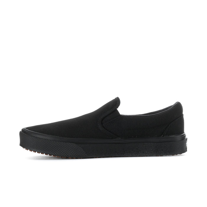 Black slip-on sneakers with stitched vamp and flexible rubber sole