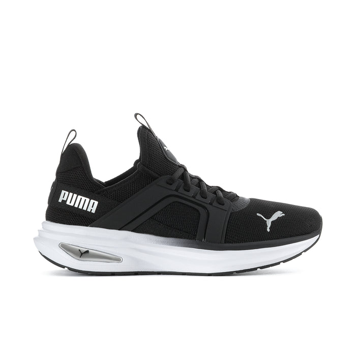 Men's black knit running shoes with white midsole and lace-up design