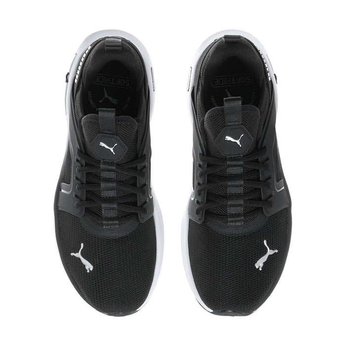 Pair of men's black sneakers with laces, mesh upper, and white lining accents