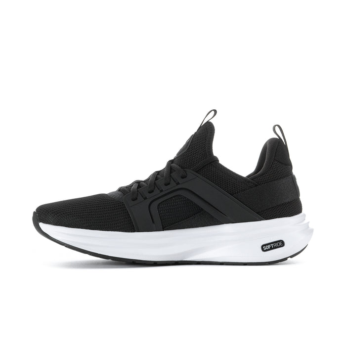 Men's black slip-on style running shoes with white sole and Softride badge