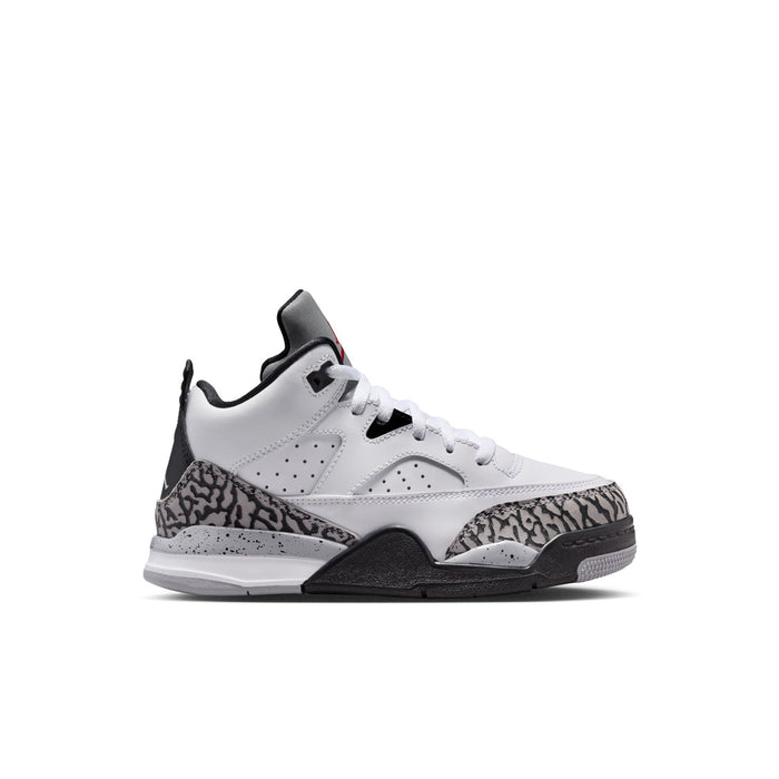 Kids high-top sneakers, white upper with cement speckled trim and black toe cap.