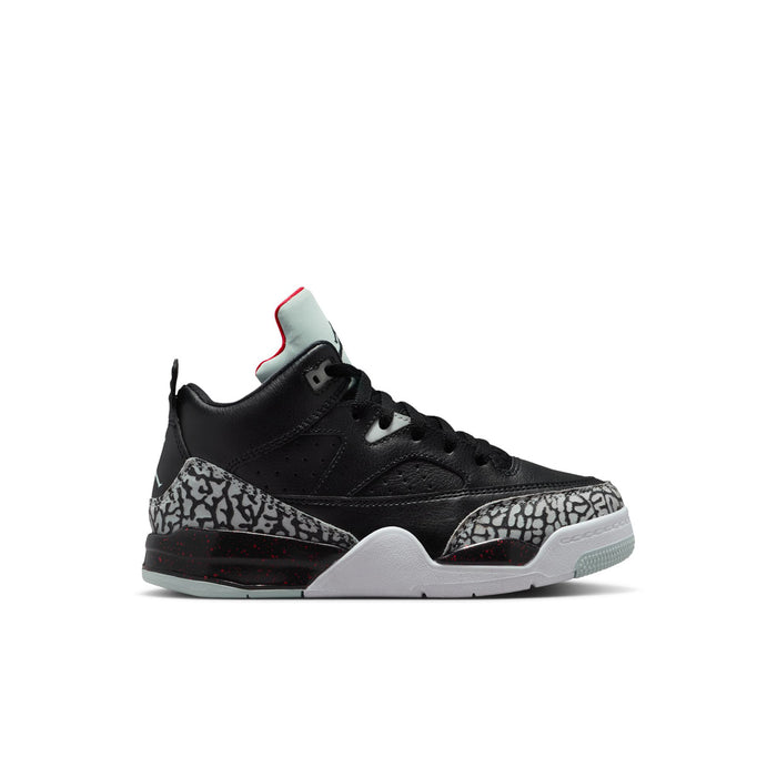 Kids black low-top sneakers with elephant-print panels and red/teal accents
