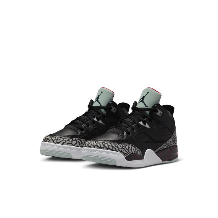 Kids black low-top sneakers, side view with elephant-print toe and light teal lining