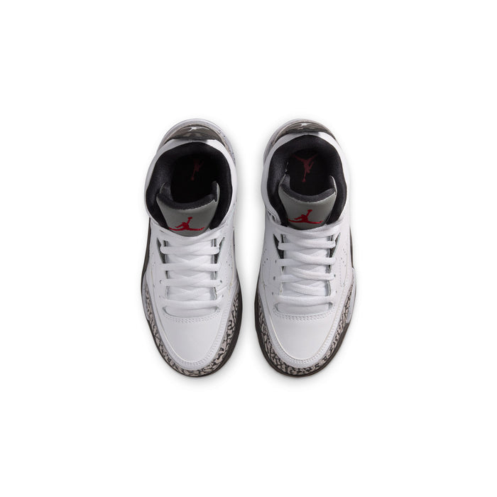 Kids sneakers top view, white laces with black interior and red Jumpman detail.
