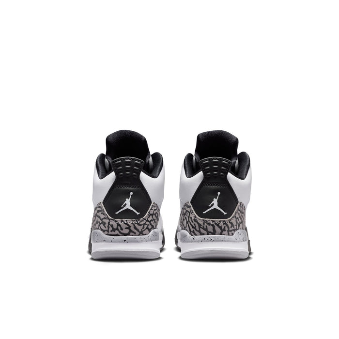Kids basketball shoes, white/black/cement grey, red Jordan logo on back.