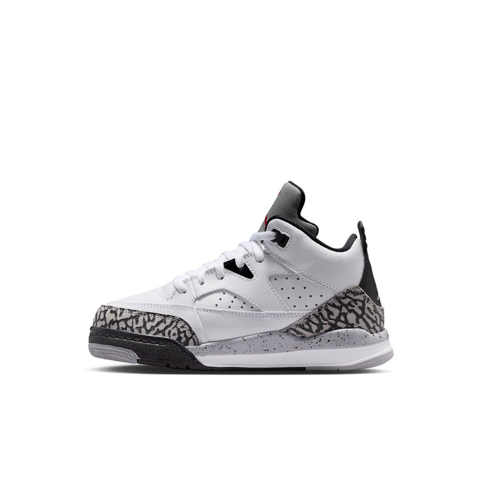 Kids high-top basketball shoes, white with speckled cement panel and black accents.