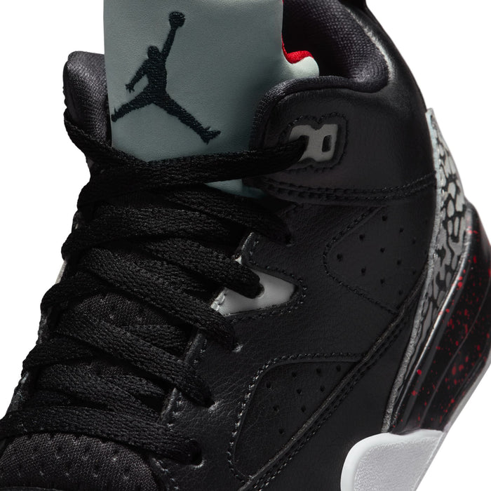 Close-up of kids black sneaker upper with lace, mesh collar, and Jordan logo