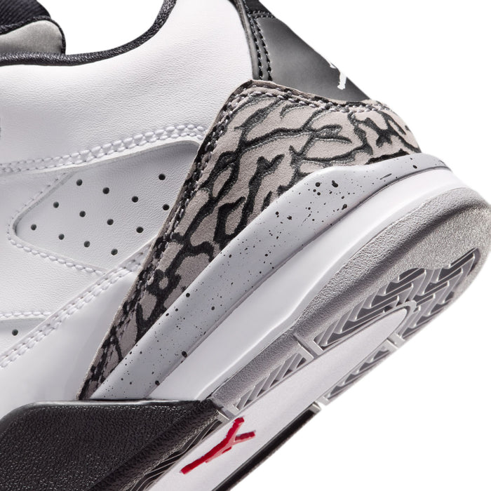 Kids high-top shoe side view: white leather with grey speckled patterned panel.