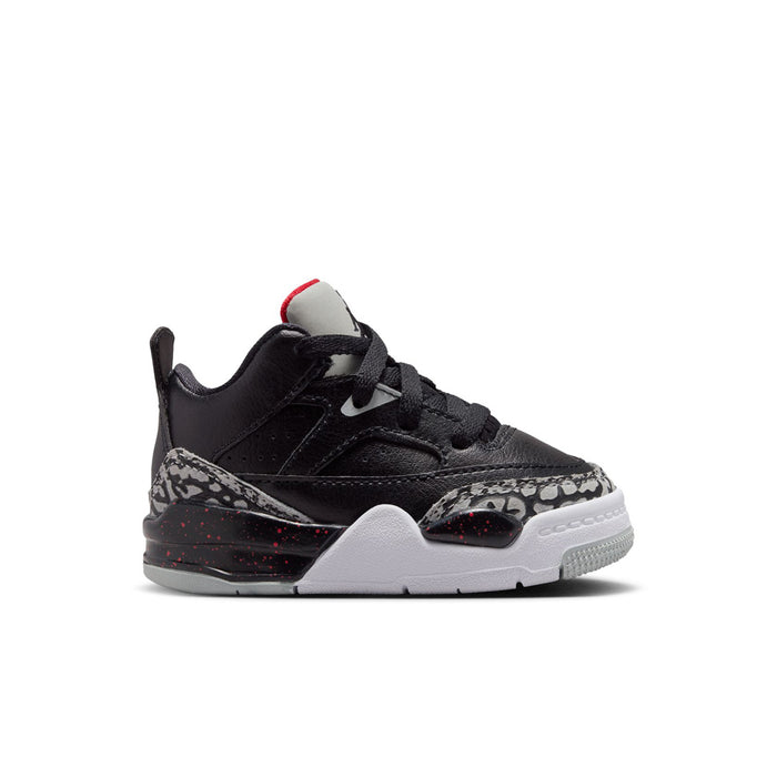 Toddler black low sneakers with grey leopard-print overlay and white midsole.