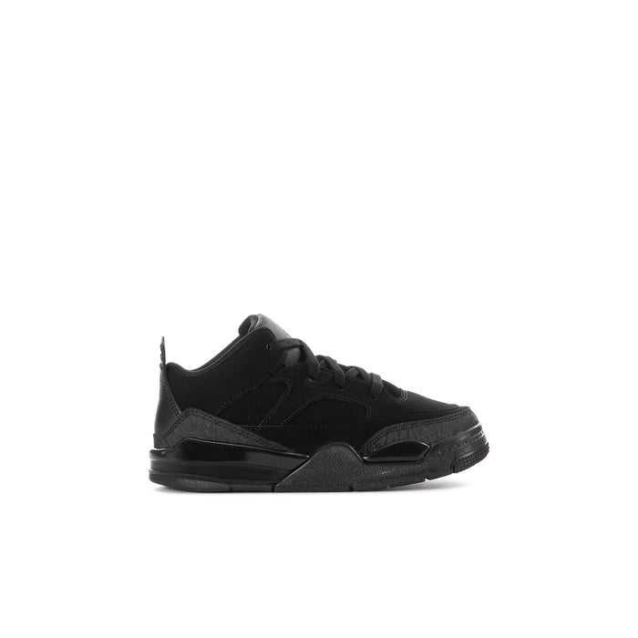 Toddler black low-top sneakers with lace-up and cushioned rubber sole.