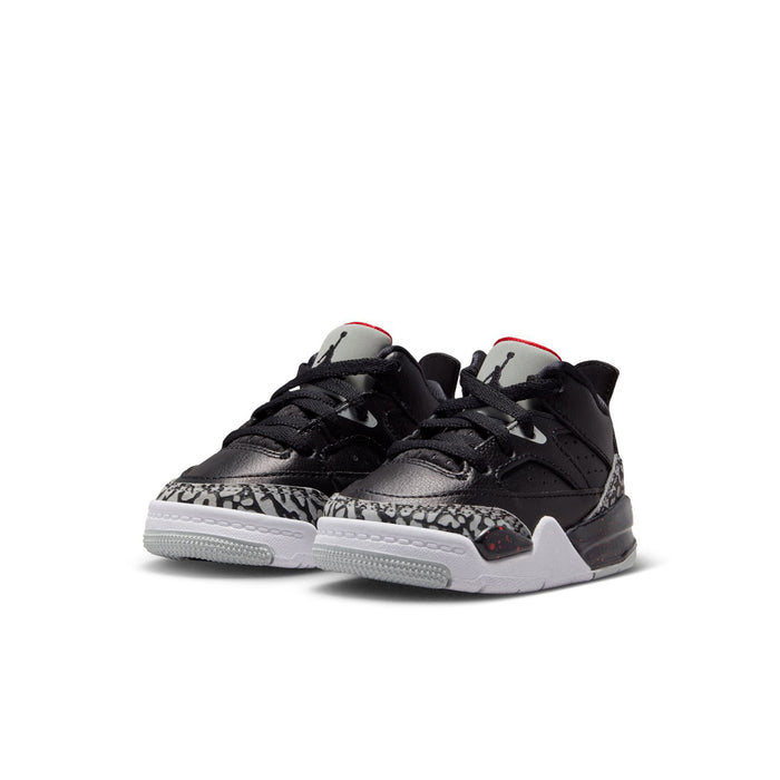 Toddler pair of black sneakers with grey leopard-print toe caps and red heel accents.