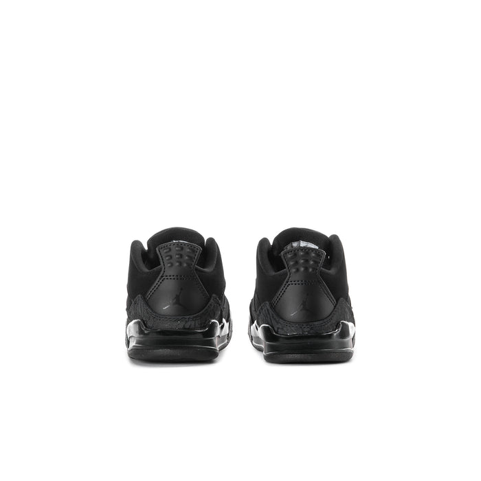 Toddler black sneakers heel view with pull tab and stitched detailing.