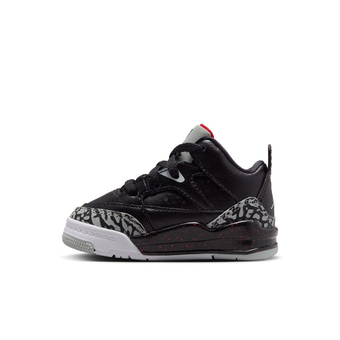 Toddler black lace-up sneakers with leopard-print side panel and white sole.