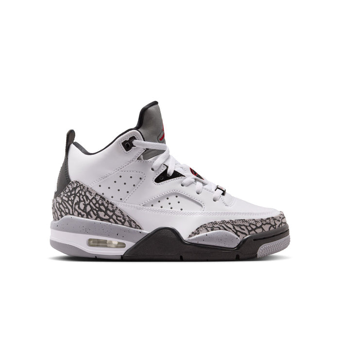 Son of Mars youth sneakers in white with black and cement-gray panels, red accents