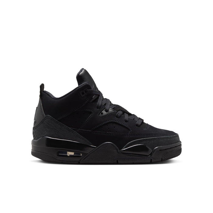 Black youth basketball shoes, low-top design with lace-up closure