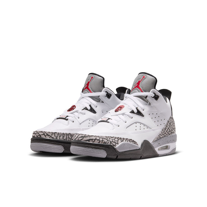 Youth high-top sneakers, white uppers with black detailing, cement-gray speckled accents