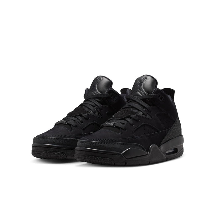 Black youth basketball shoes, side-by-side pair view with padded collars