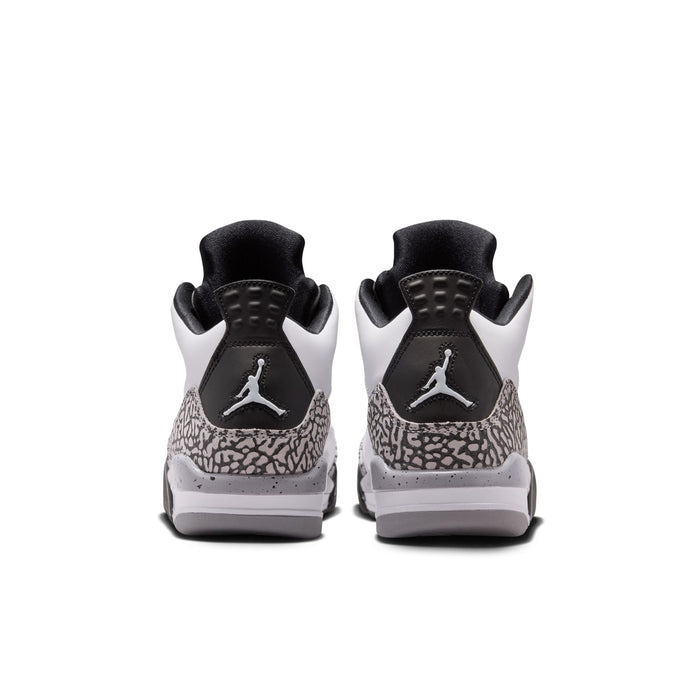 Youth sneakers with rear black heel, cement-gray speckled side, white outsole