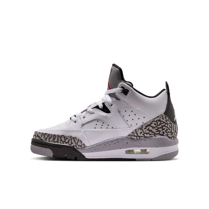 Youth basketball sneakers in white with cement-gray speckled toe and black midfoot panels