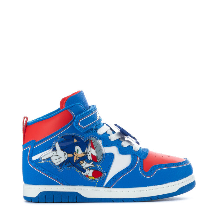 Kids' blue high-top sneakers with red accents, white laces, Sonic graphic side