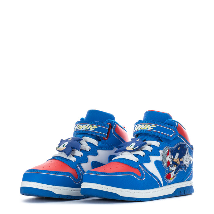 Kids' blue high-top sneakers with red toe, white laces, Sonic character artwork