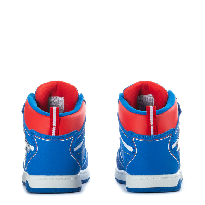 Kids' blue high-top sneakers back view, red heel lining, white midsoles