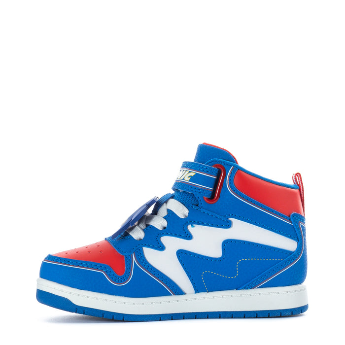 Toddler high-top sneakers, blue and red with white paneling, lace-up with hook-and-loop