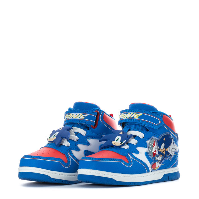 Toddler high-top sneakers, blue/red/white pair view with character artwork and laces