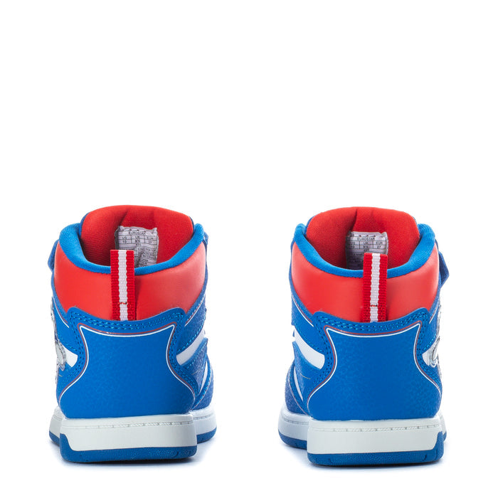 Toddler high-top sneakers heel view, blue upper with red collar lining and white trim