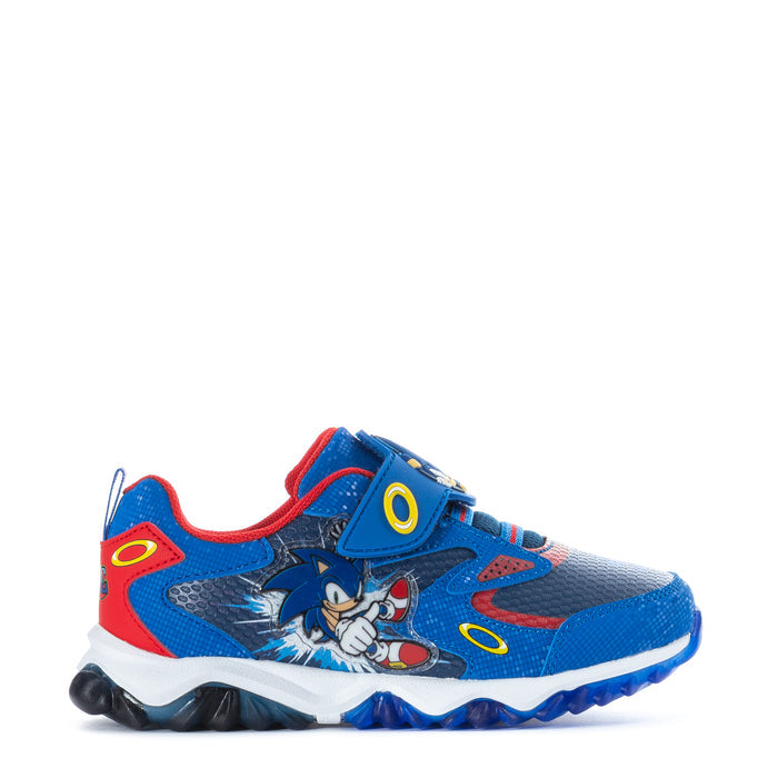 Kids Sonic sneakers in blue/red with character graphic, hook-and-loop straps