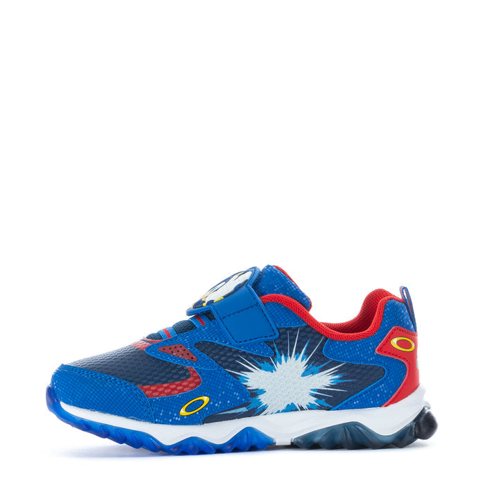 Kids Sonic sneakers in blue with red trim, side view, character burst graphic, chunky sole