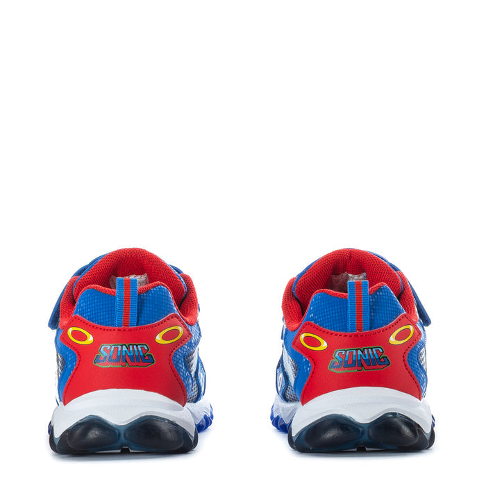 Kids Sonic sneakers heel view, red heel panels, blue-and-white sole, rear pull tab