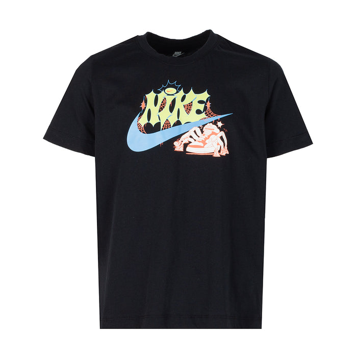 Youth black graphic T-shirt with colorful spider artwork and blue swoosh