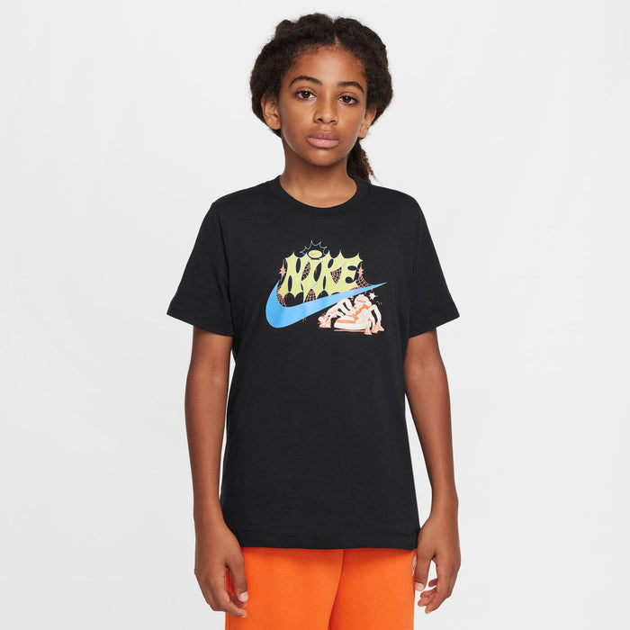 Youth black graphic T-shirt with colorful spider artwork and blue swoosh on model