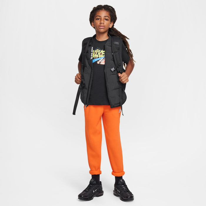 Youth black graphic T-shirt, front view, colorful spider artwork and blue swoosh